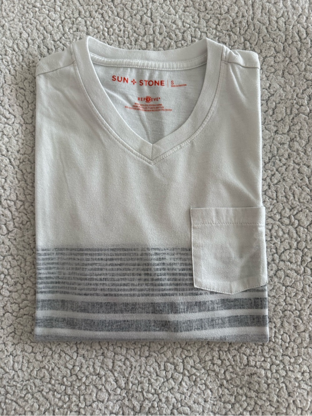 Sun + Stone Light Gray Striped Short Sleeve Pocket Tee